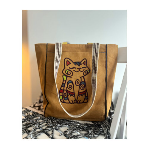 kedi nakışlı denim çanta